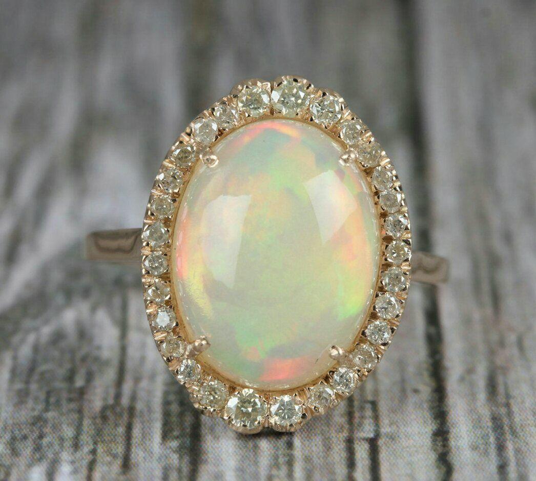 Art Deco Natural Pave Diamond Ethiopian Opal Gemstone Cocktail Ring 14k Gold HandmadeRing For Sale