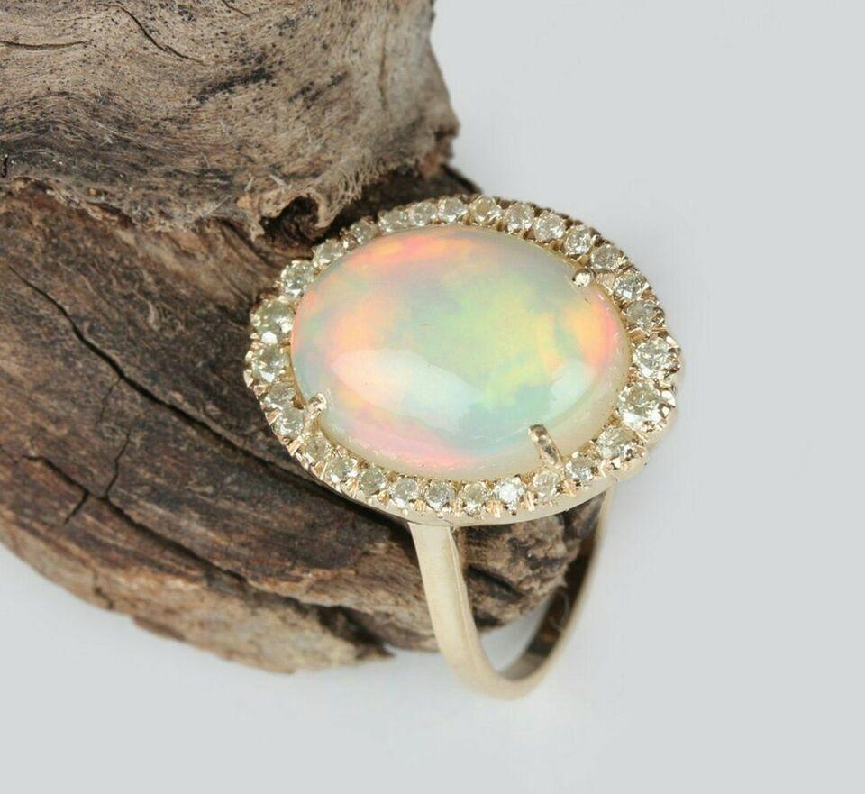 Round Cut Natural Pave Diamond Ethiopian Opal Gemstone Cocktail Ring 14k Gold HandmadeRing For Sale