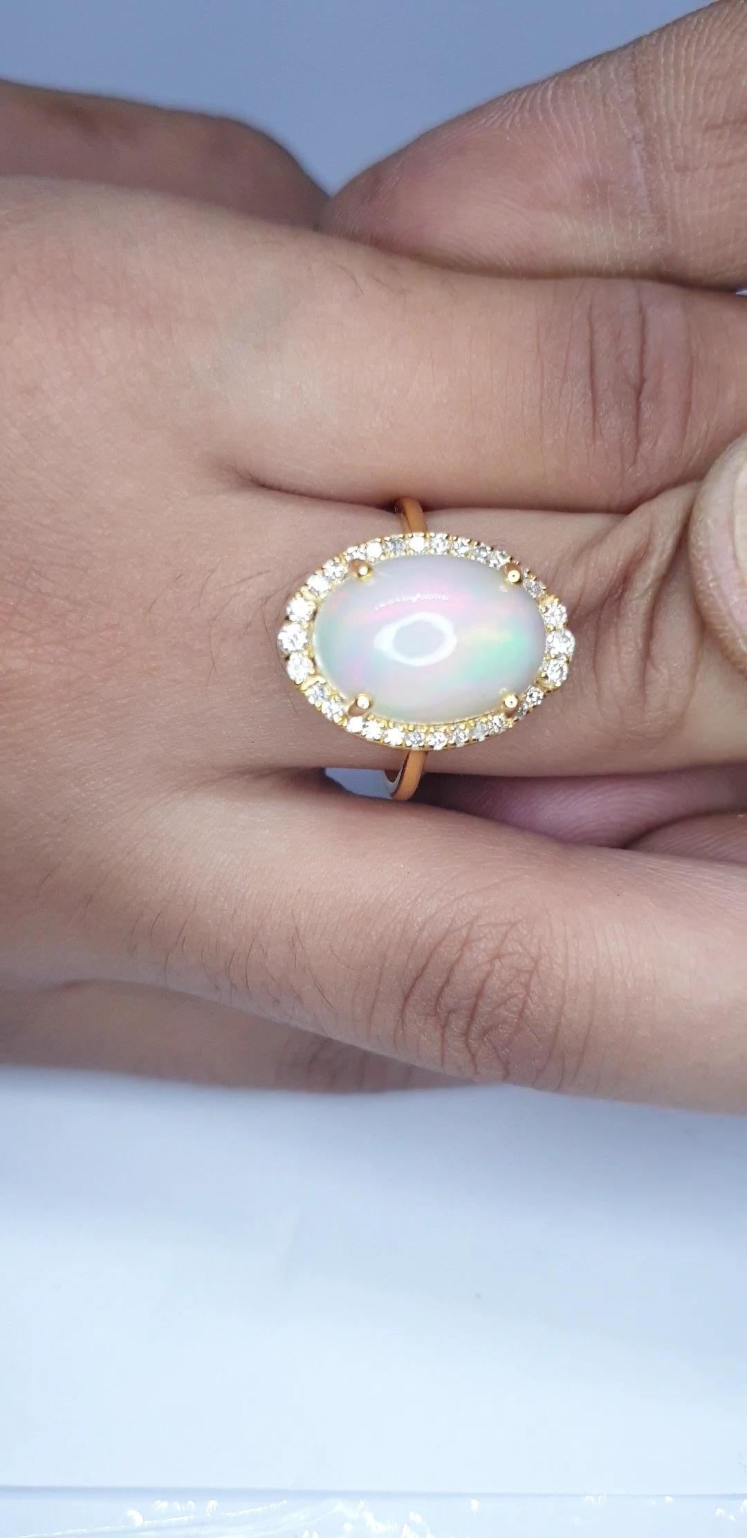 Natural Pave Diamond Ethiopian Opal Gemstone Cocktail Ring 14k Gold HandmadeRing For Sale 2