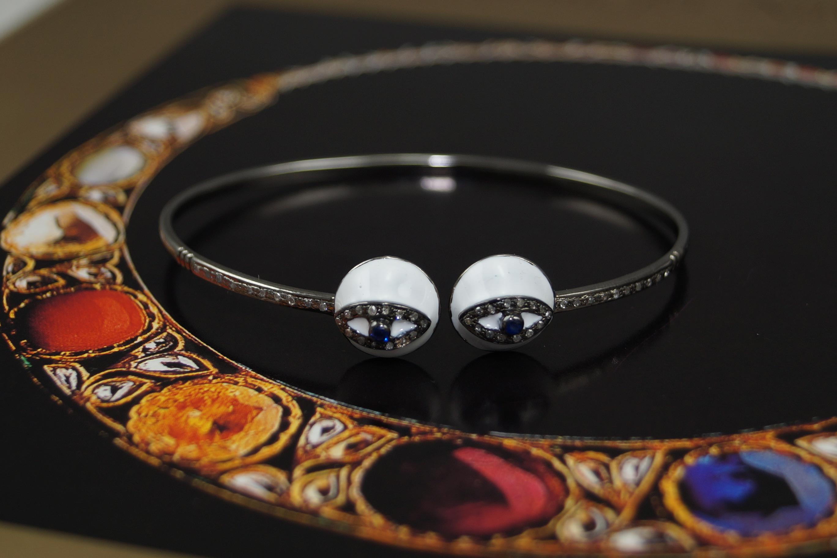 Natural pave diamond evil eye oxidized sterling silver open handcuff bracelet For Sale 1
