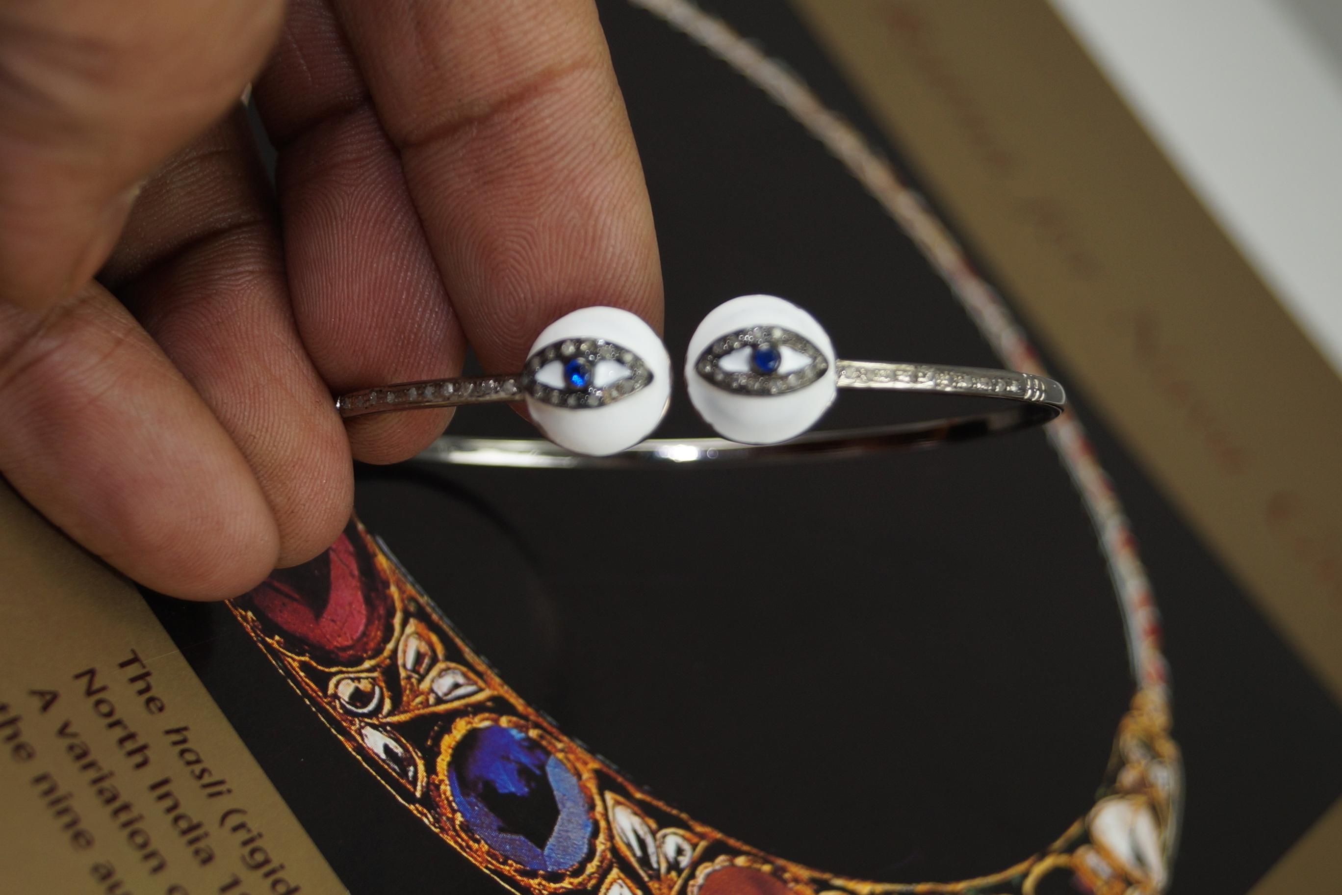 Natural pave diamond evil eye oxidized sterling silver open handcuff bracelet For Sale 2
