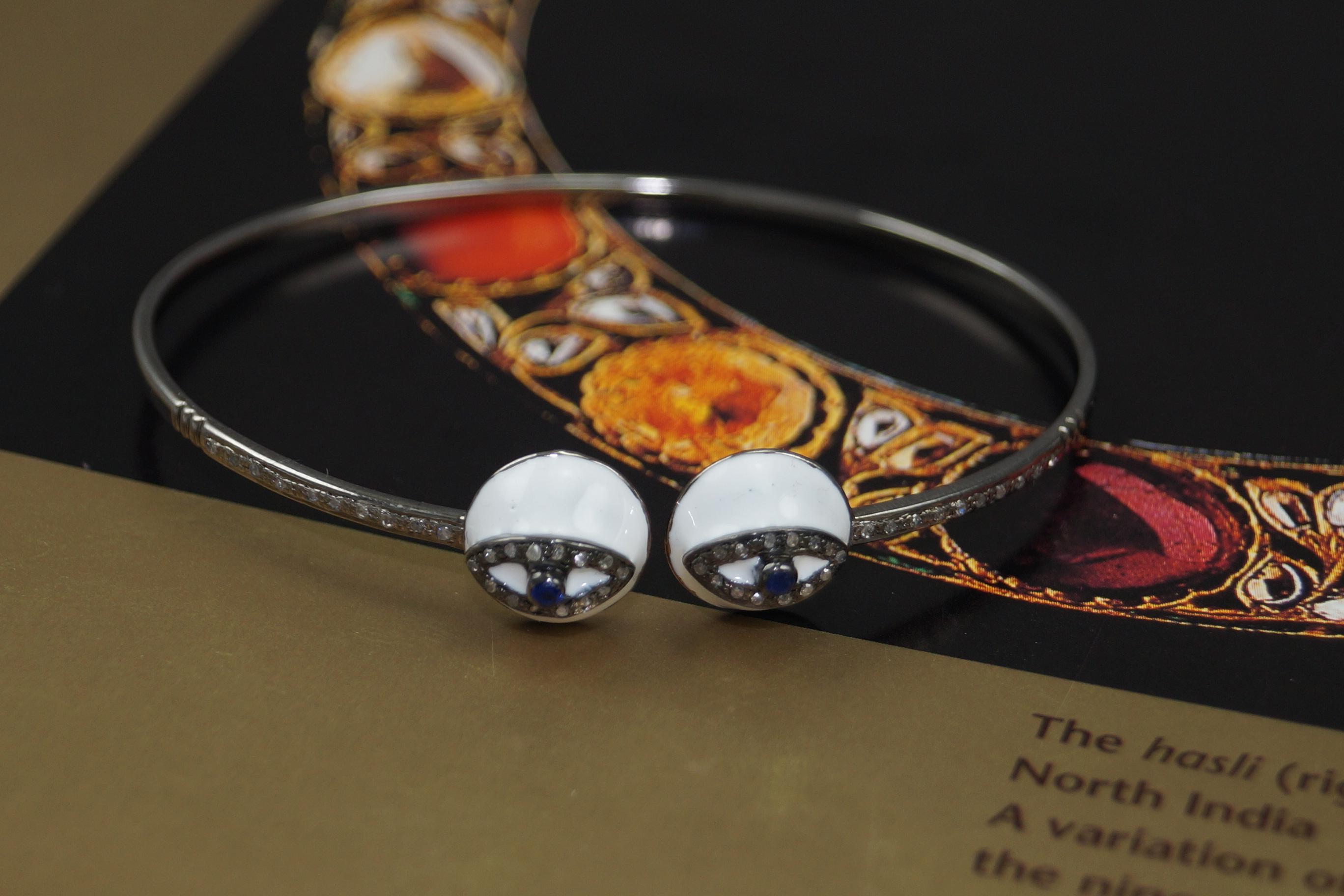 Natural pave diamond evil eye oxidized sterling silver open handcuff bracelet For Sale 3