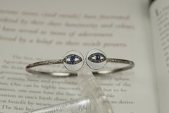 Natural pave diamond evil eye oxidized sterling silver open handcuff bracelet