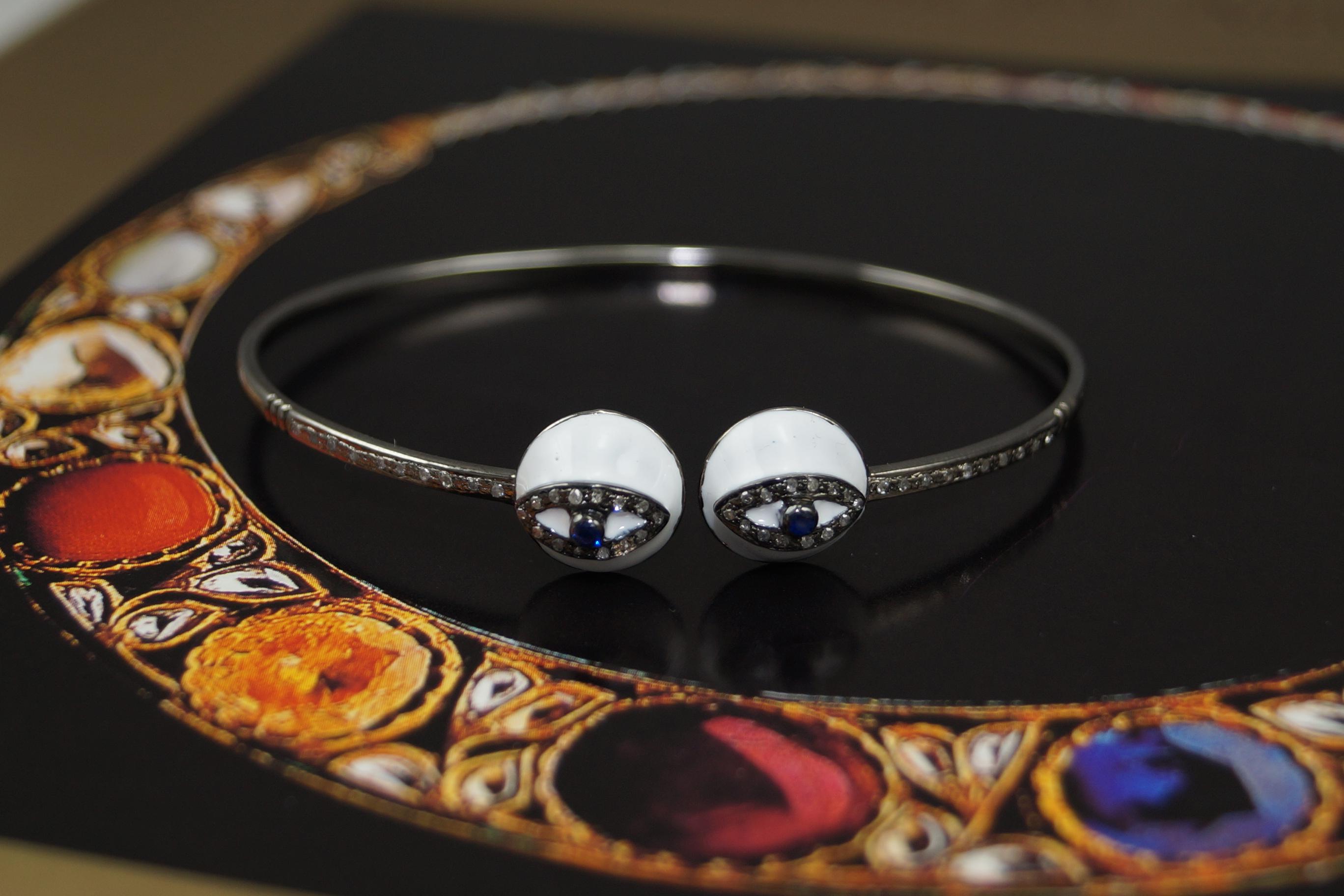 Women's or Men's Natural pave diamond evil eye oxidized sterling silver open handcuff bracelet For Sale