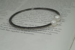 Natural pave diamond freshwater pearl oxidized 925 silver handcuff bracelet