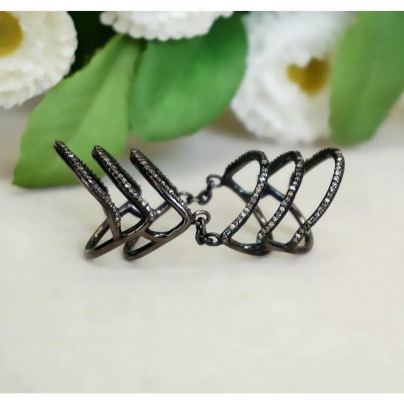 Round Cut Natural Pave Diamond Full Finger Knuckle Ring in 925 Silver For Sale