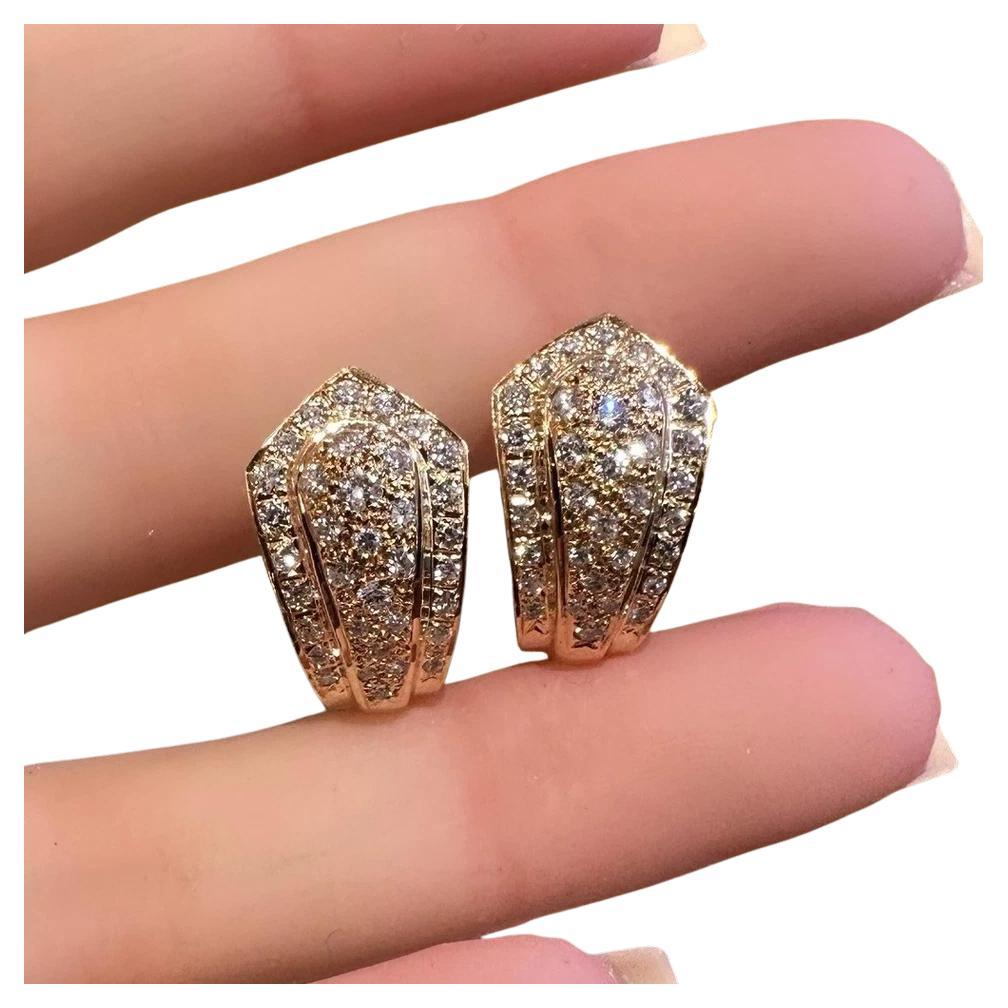 Natural Pave Diamond Half Hoop Earrings 1.10cttw in 18k Yellow Gold For Sale