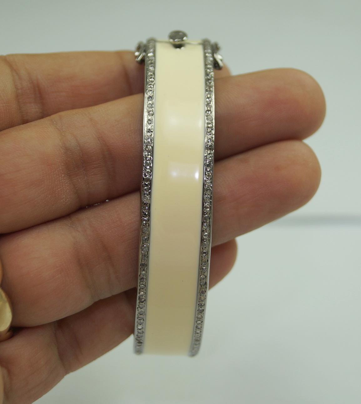 Contemporary Natural pave diamond ivory white enamel oxidized sterling silver bracelet For Sale