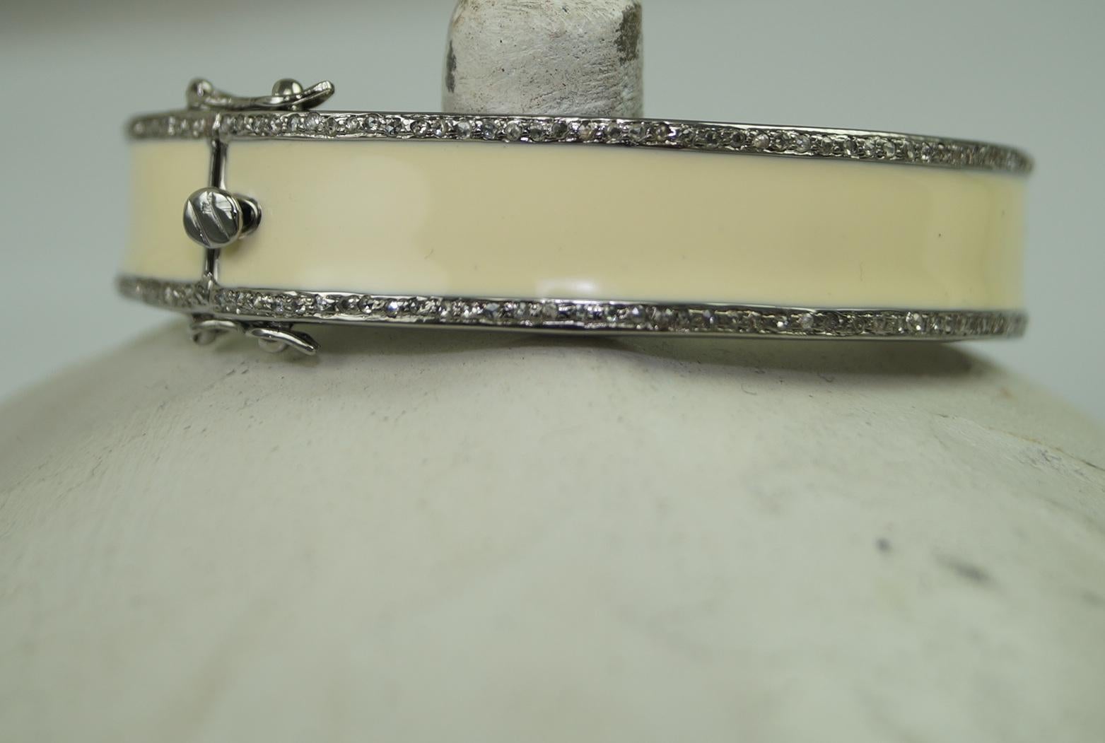 Women's or Men's Natural pave diamond ivory white enamel oxidized sterling silver bracelet For Sale