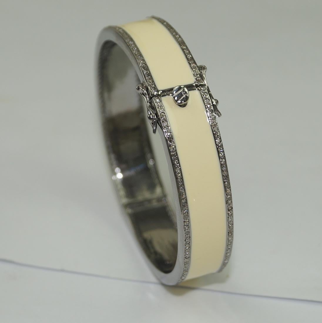 Natural pave diamond ivory white enamel oxidized sterling silver bracelet For Sale 1