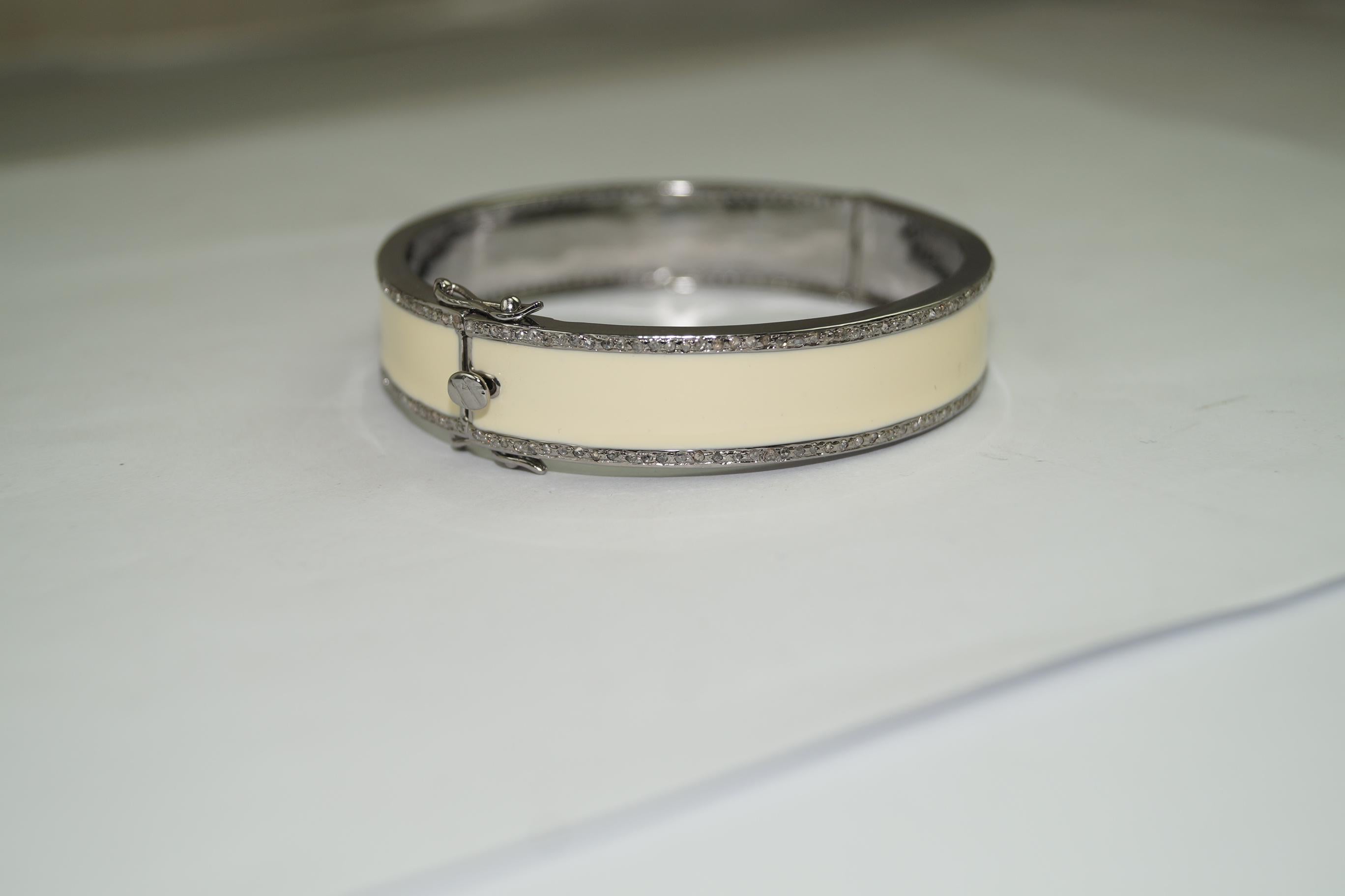 Natural pave diamond ivory white enamel oxidized sterling silver bracelet For Sale 2