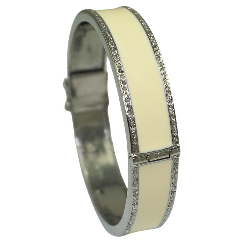 Natural pave diamond ivory white enamel oxidized sterling silver bracelet For Sale