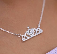 Natural Pave Diamond Pendant Crown Shaped 925 Sterling Silver Necklace For Women