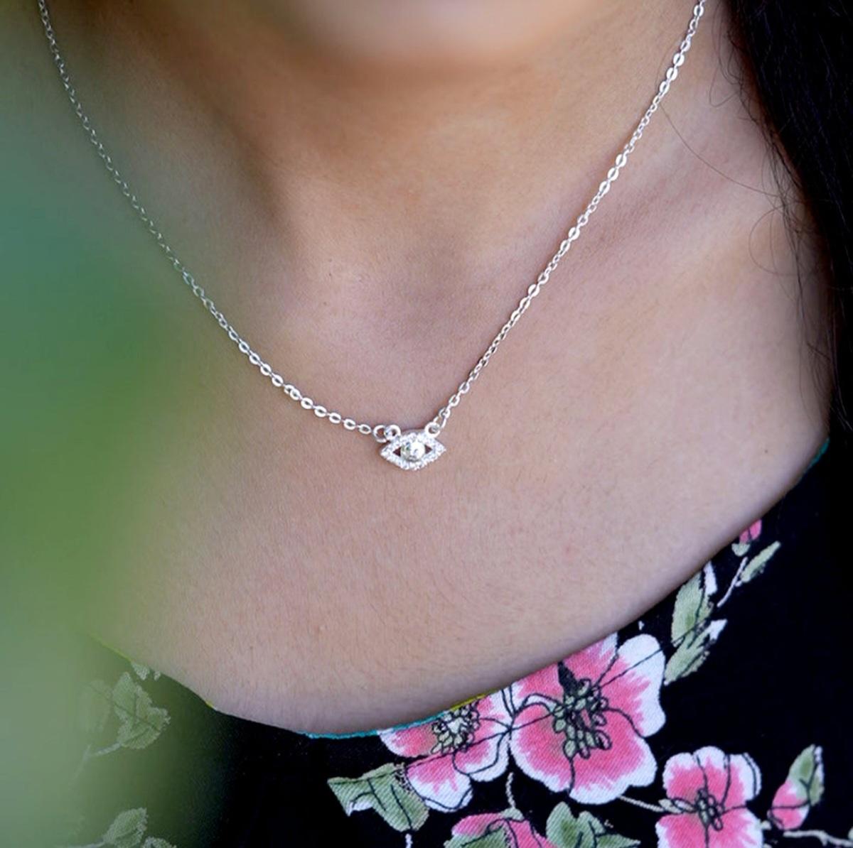 Natural Pave Diamond Pendant Eye Shaped 925 Sterling Silver Necklace Simple Gift For Sale