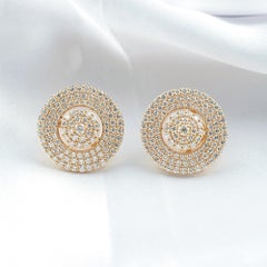 Natural Pavé Diamond Round Disc Stud Earrings in 18K Yellow Gold Fine Jewelry