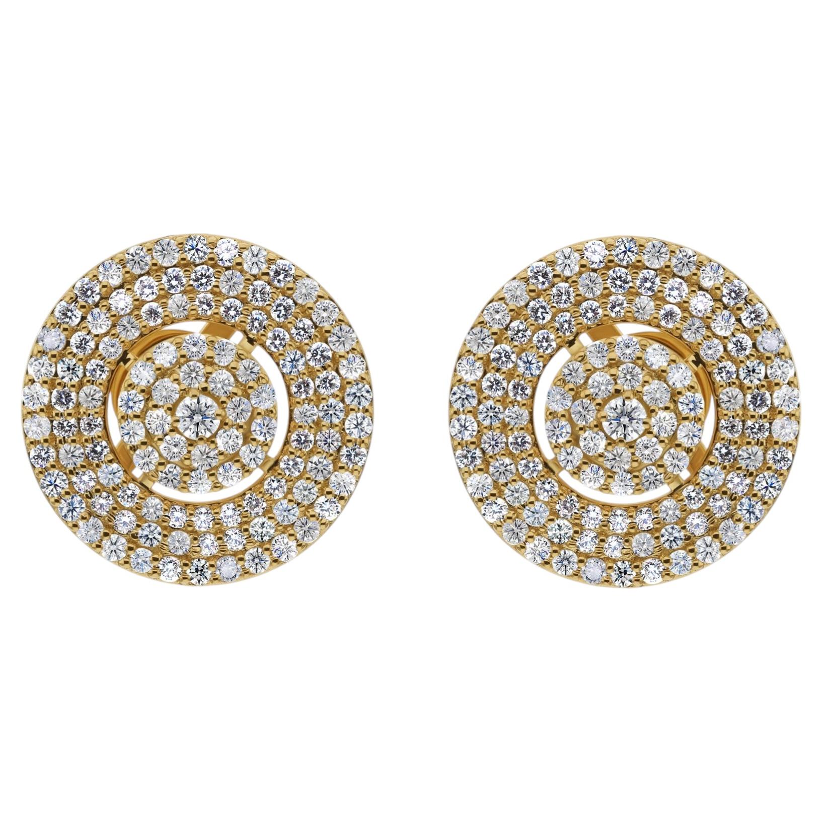Natural Pavé Diamond Round Disc Stud Earrings in 18K Yellow Gold Fine Jewelry