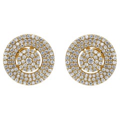 Natural Pavé Diamond Round Disc Stud Earrings in 18K Yellow Gold Fine Jewelry
