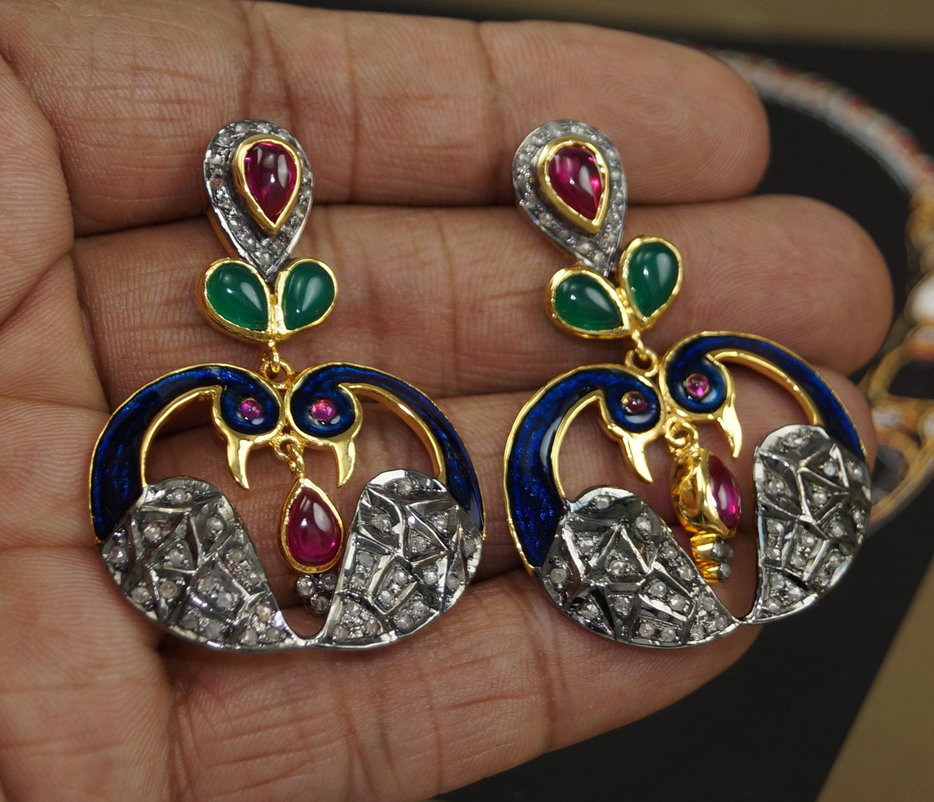 Natural pave diamond sterling silver gemstone enamel dangler peacock earrings For Sale 4