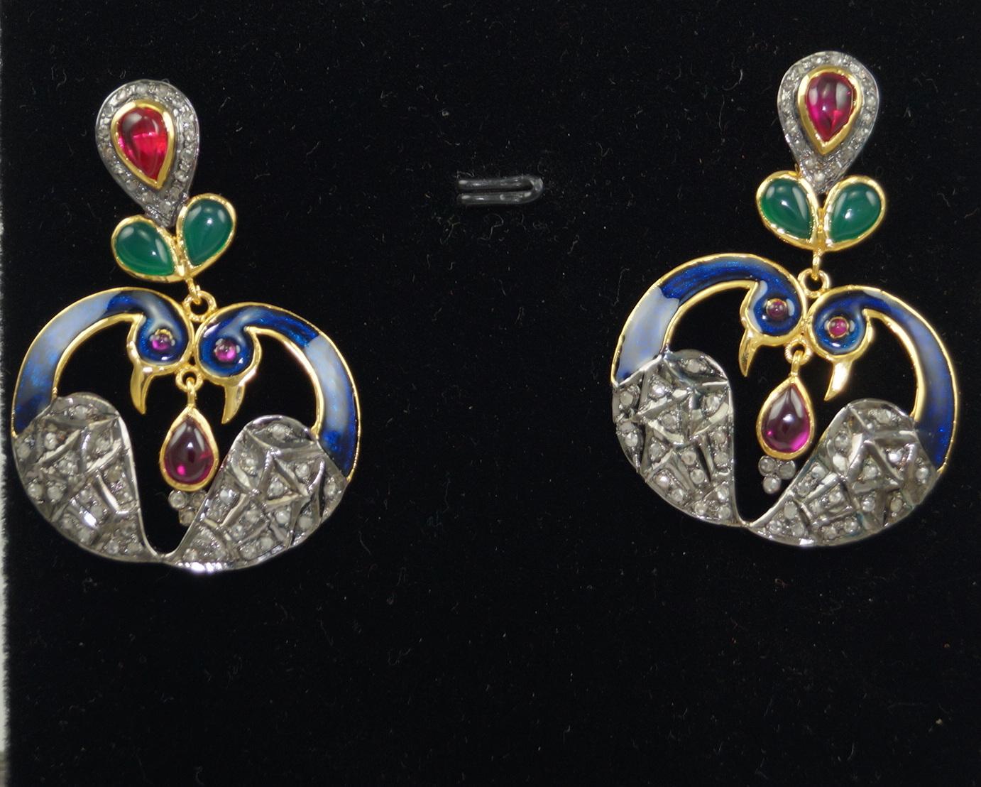 Art Nouveau Natural pave diamond sterling silver gemstone enamel dangler peacock earrings For Sale