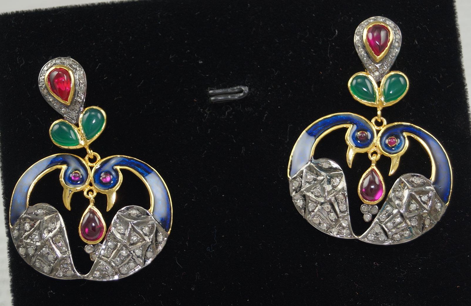 Rose Cut Natural pave diamond sterling silver gemstone enamel dangler peacock earrings For Sale