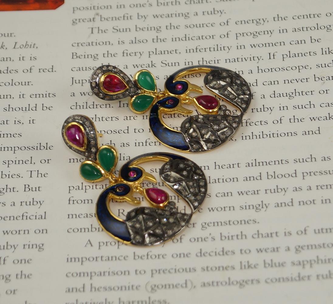 Natural pave diamond sterling silver gemstone enamel dangler peacock earrings In New Condition For Sale In Delhi, DL