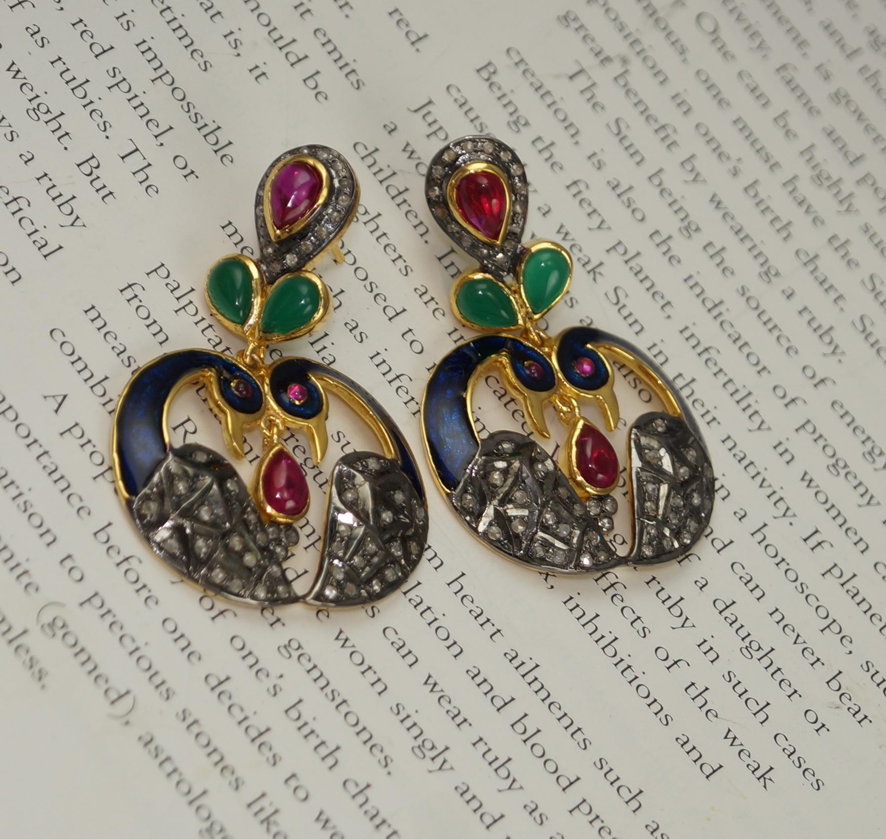 Women's or Men's Natural pave diamond sterling silver gemstone enamel dangler peacock earrings For Sale