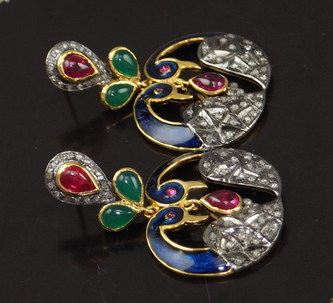 Natural pave diamond sterling silver gemstone enamel dangler peacock earrings For Sale 1