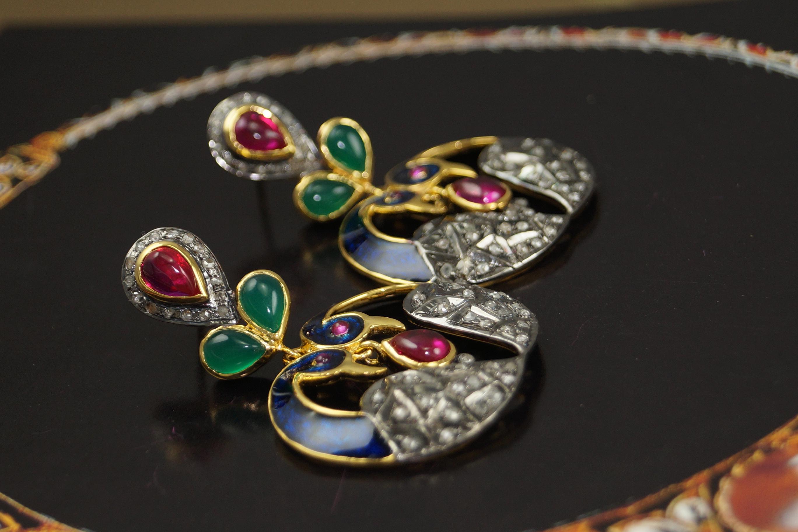 Natural pave diamond sterling silver gemstone enamel dangler peacock earrings For Sale 2