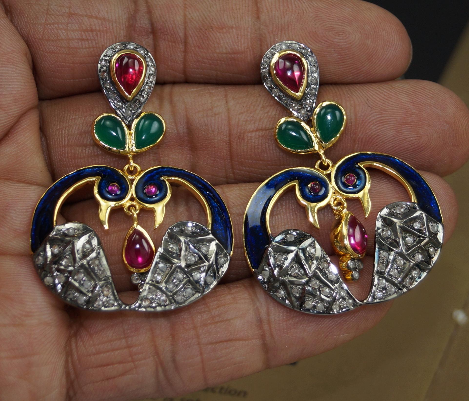 Natural pave diamond sterling silver gemstone enamel dangler peacock earrings For Sale 3
