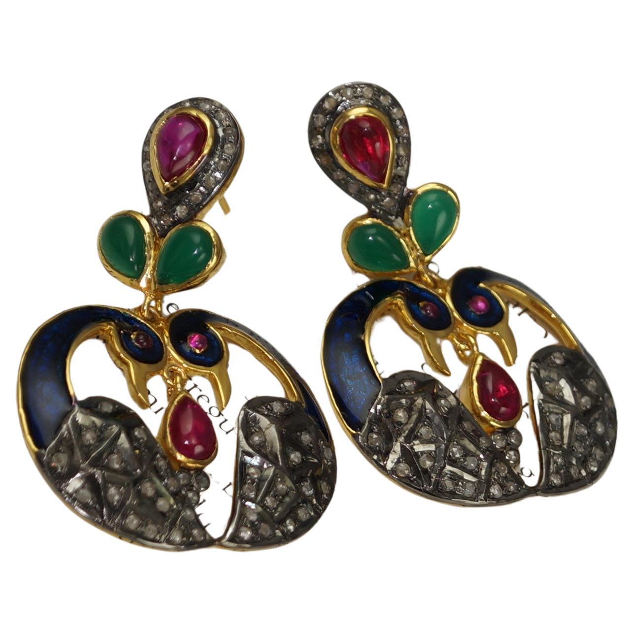 Natural pave diamond sterling silver gemstone enamel dangler peacock earrings For Sale