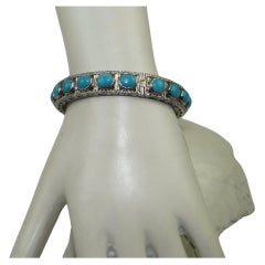 Natural pave diamond Turquoise oxidized sterling silver hinged bracelet