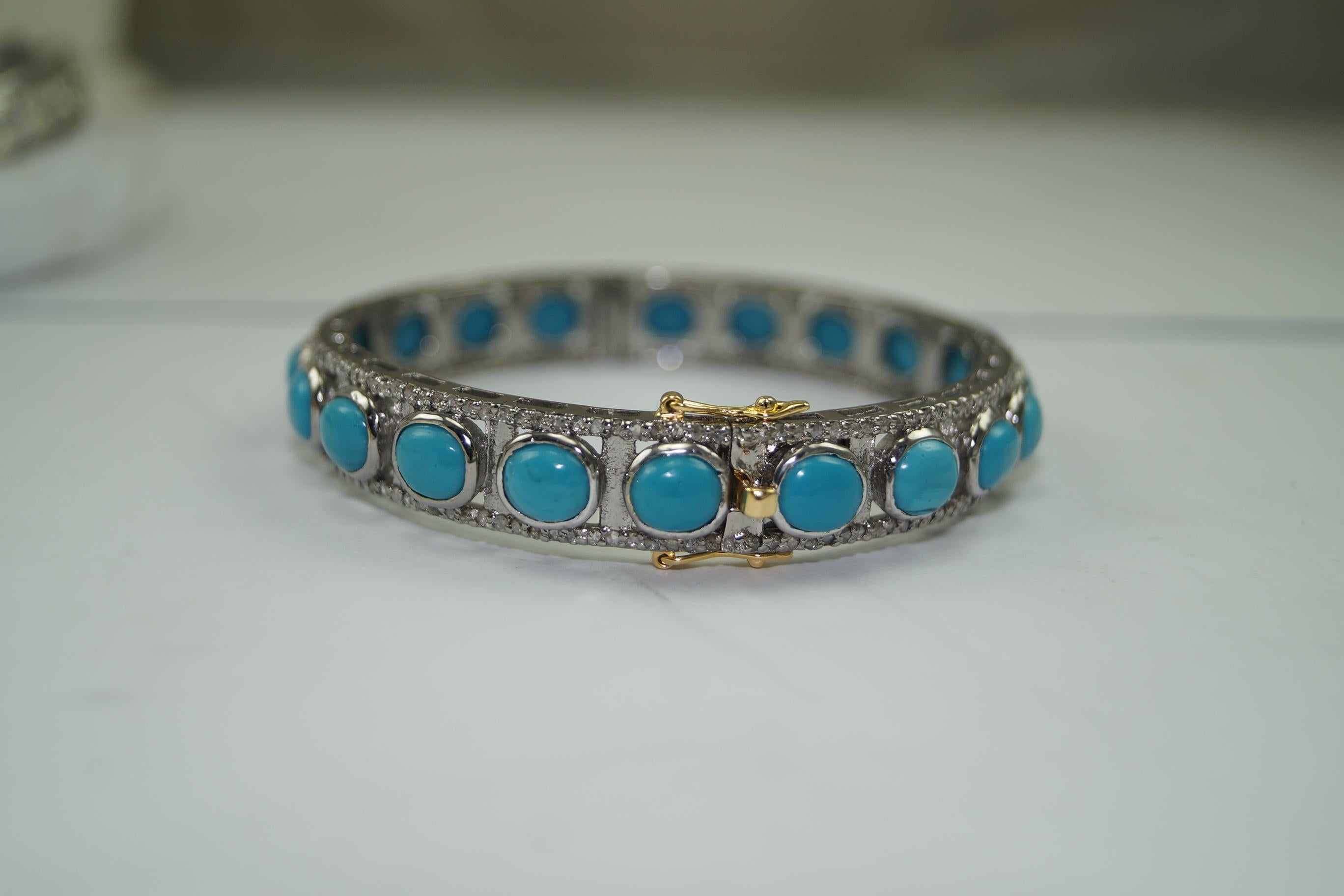 Contemporary Natural pave diamond Turquoise oxidized sterling silver hinged bracelet For Sale