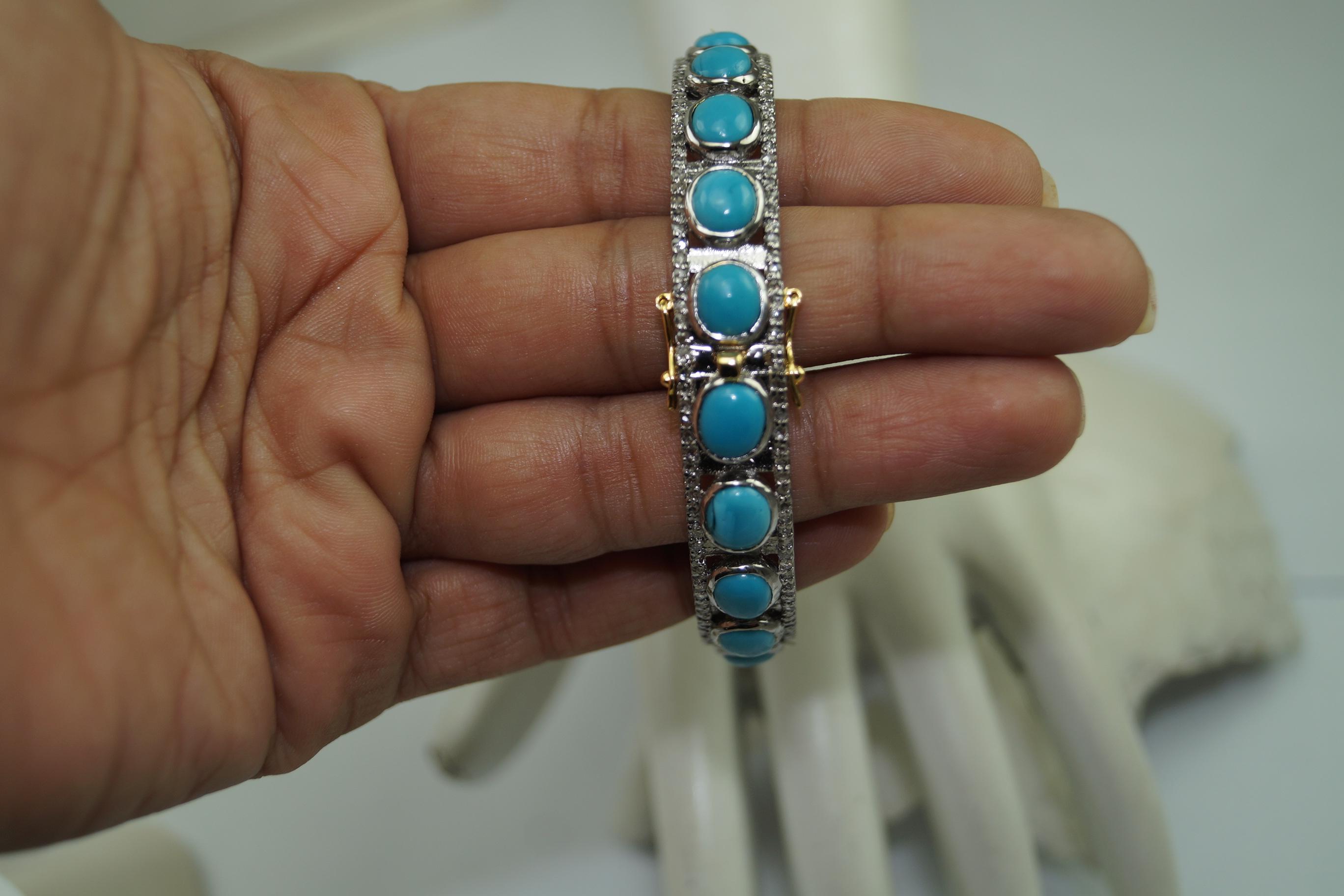 Rose Cut Natural pave diamond Turquoise oxidized sterling silver hinged bracelet For Sale