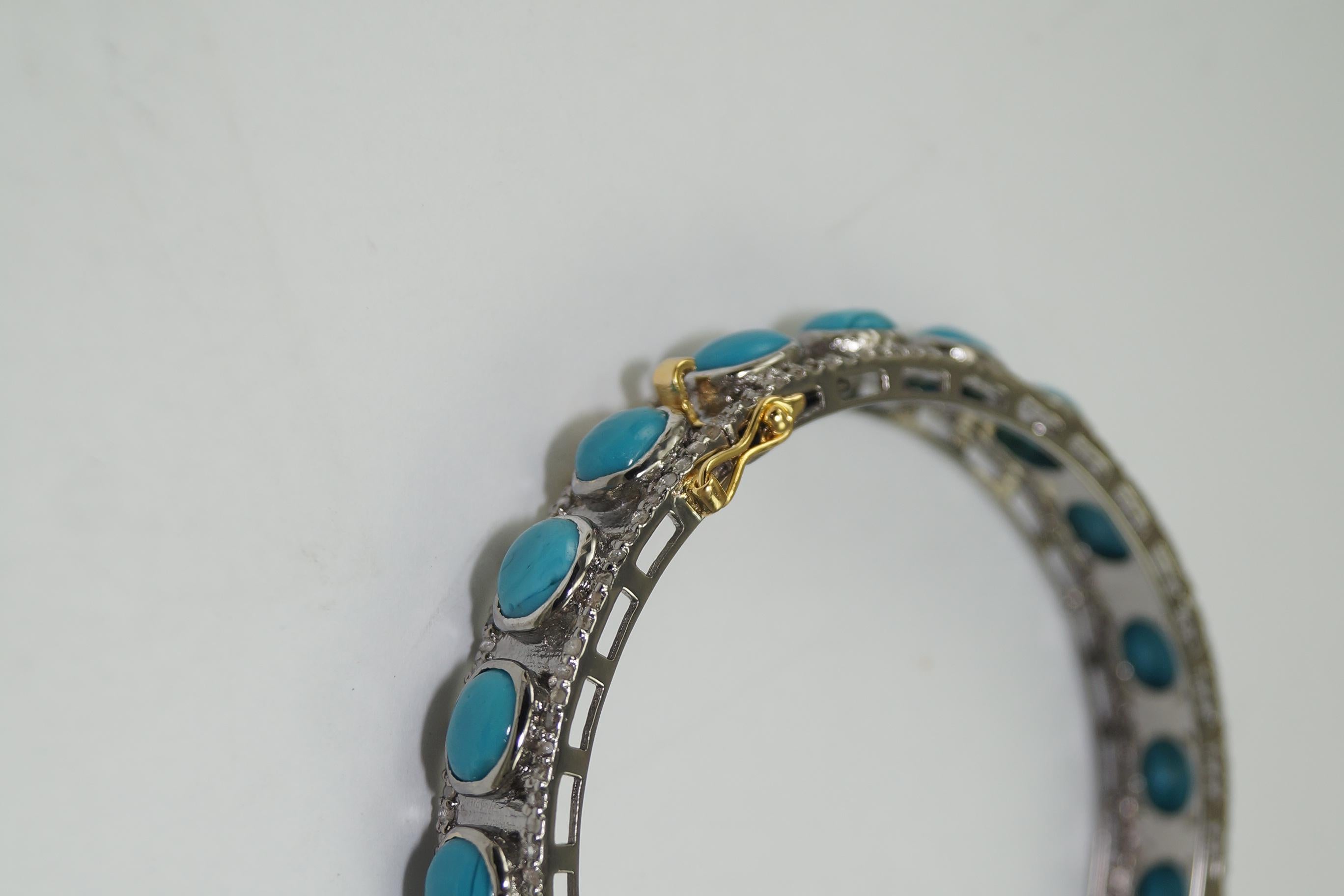 Women's or Men's Natural pave diamond Turquoise oxidized sterling silver hinged bracelet For Sale