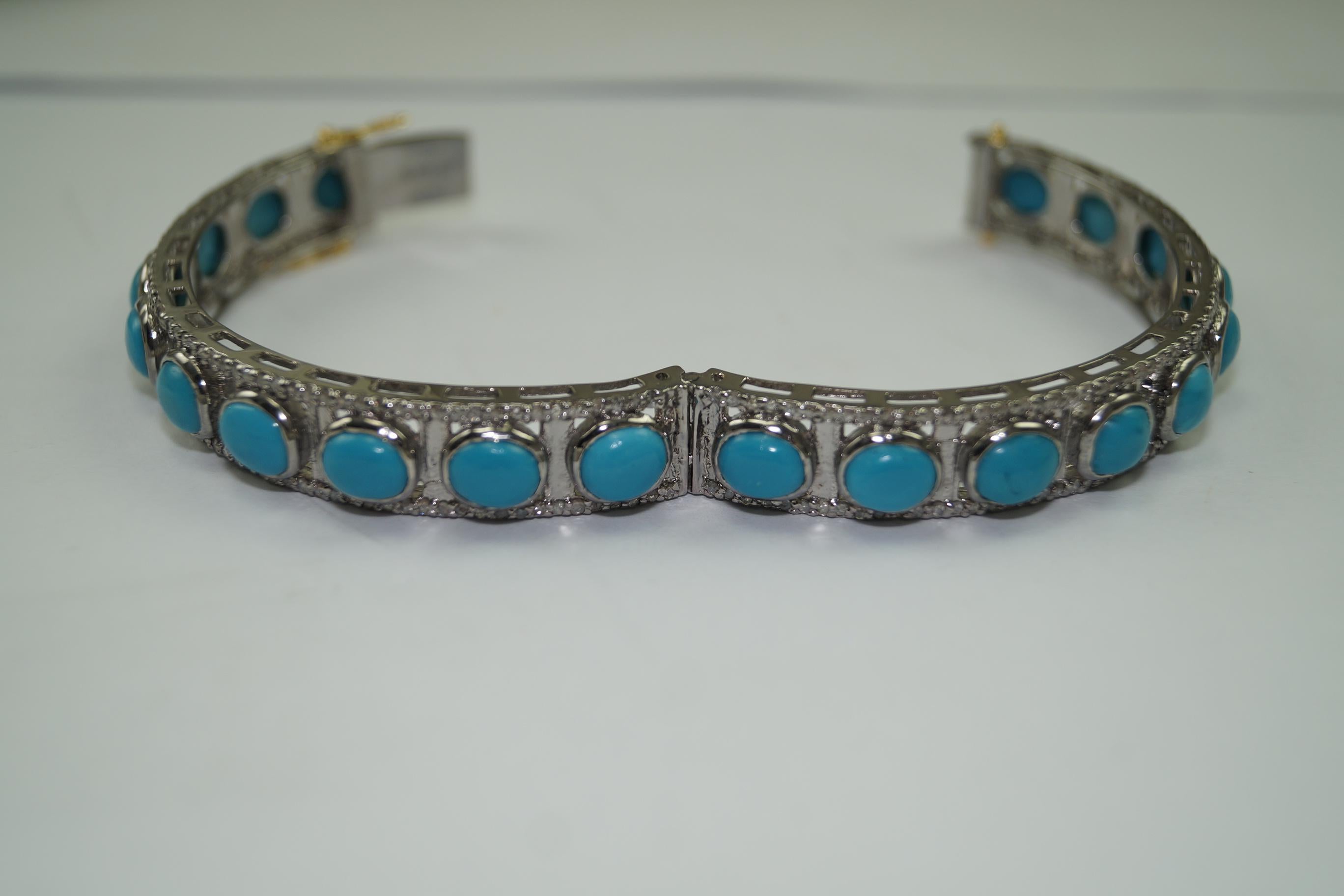 Natural pave diamond Turquoise oxidized sterling silver hinged bracelet For Sale 1