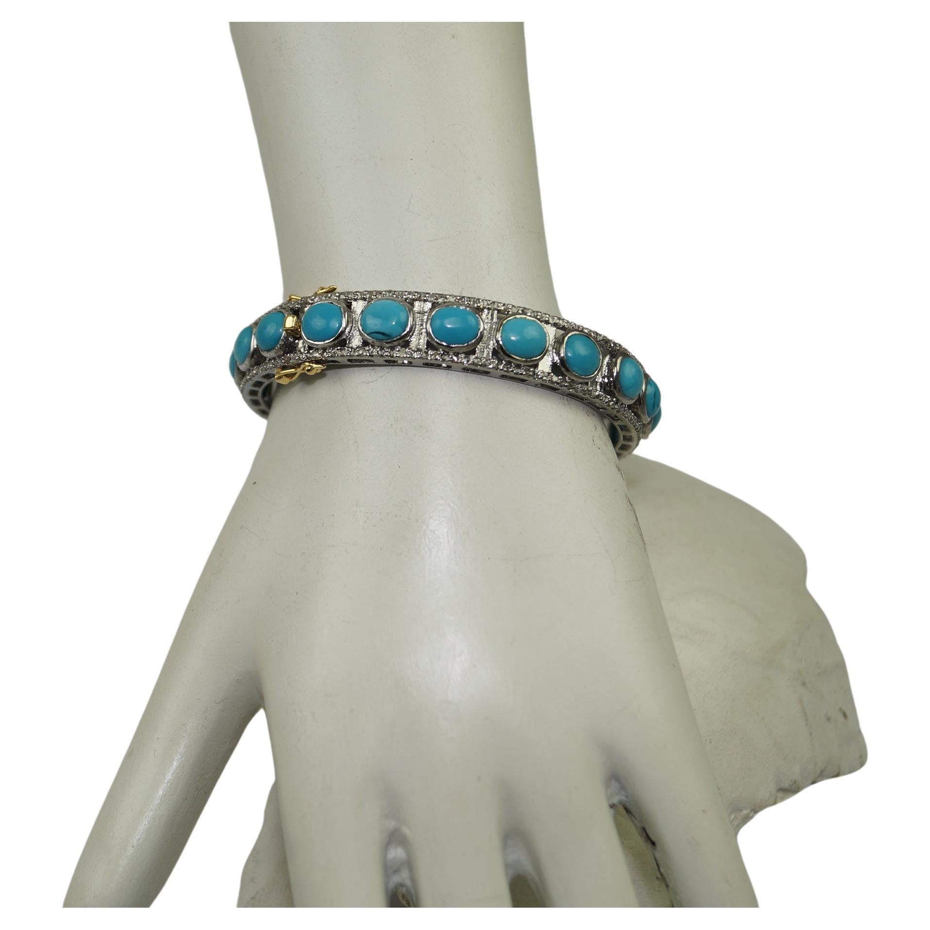 Natural pave diamond Turquoise oxidized sterling silver hinged bracelet For Sale