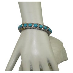 Natural pave diamond Turquoise oxidized sterling silver hinged bracelet