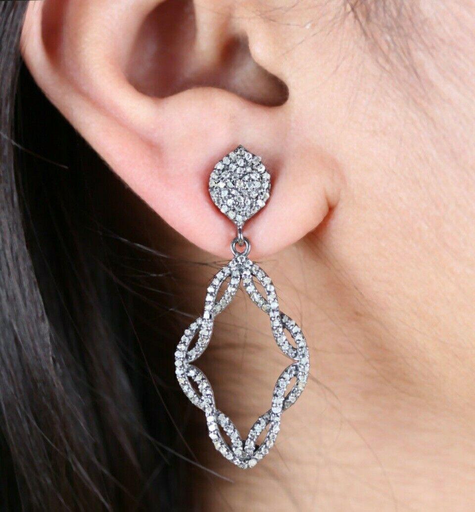 Natural Pave Diamond Vintage Style Dangle Earring 925 Silver Diamond Earring. For Sale 4