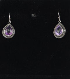 Natural pave diamonds oxidized sterling silver amethyst drop earrings