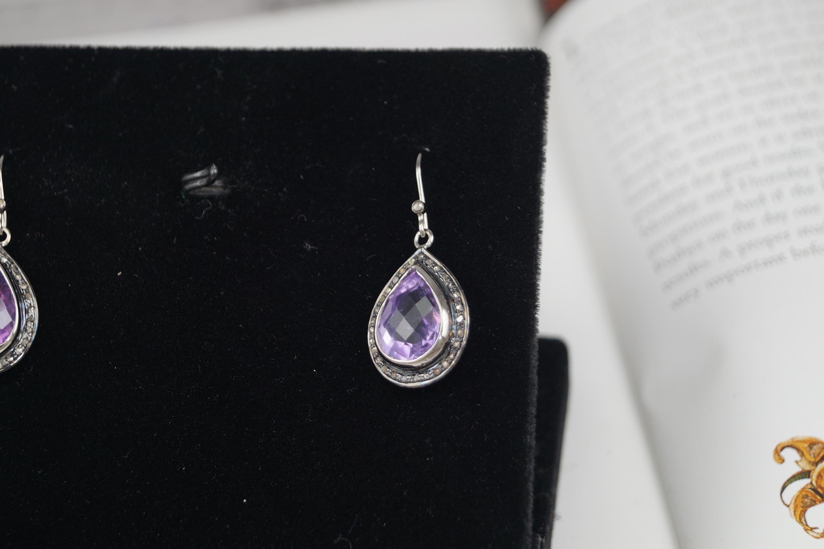 Round Cut Natural pave diamonds oxidized sterling silver amethyst drop earrings For Sale