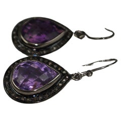 Natural pave diamonds oxidized sterling silver amethyst drop earrings