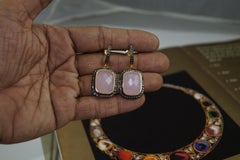 Natural pave diamonds sterling silver rose pink quartz earrings