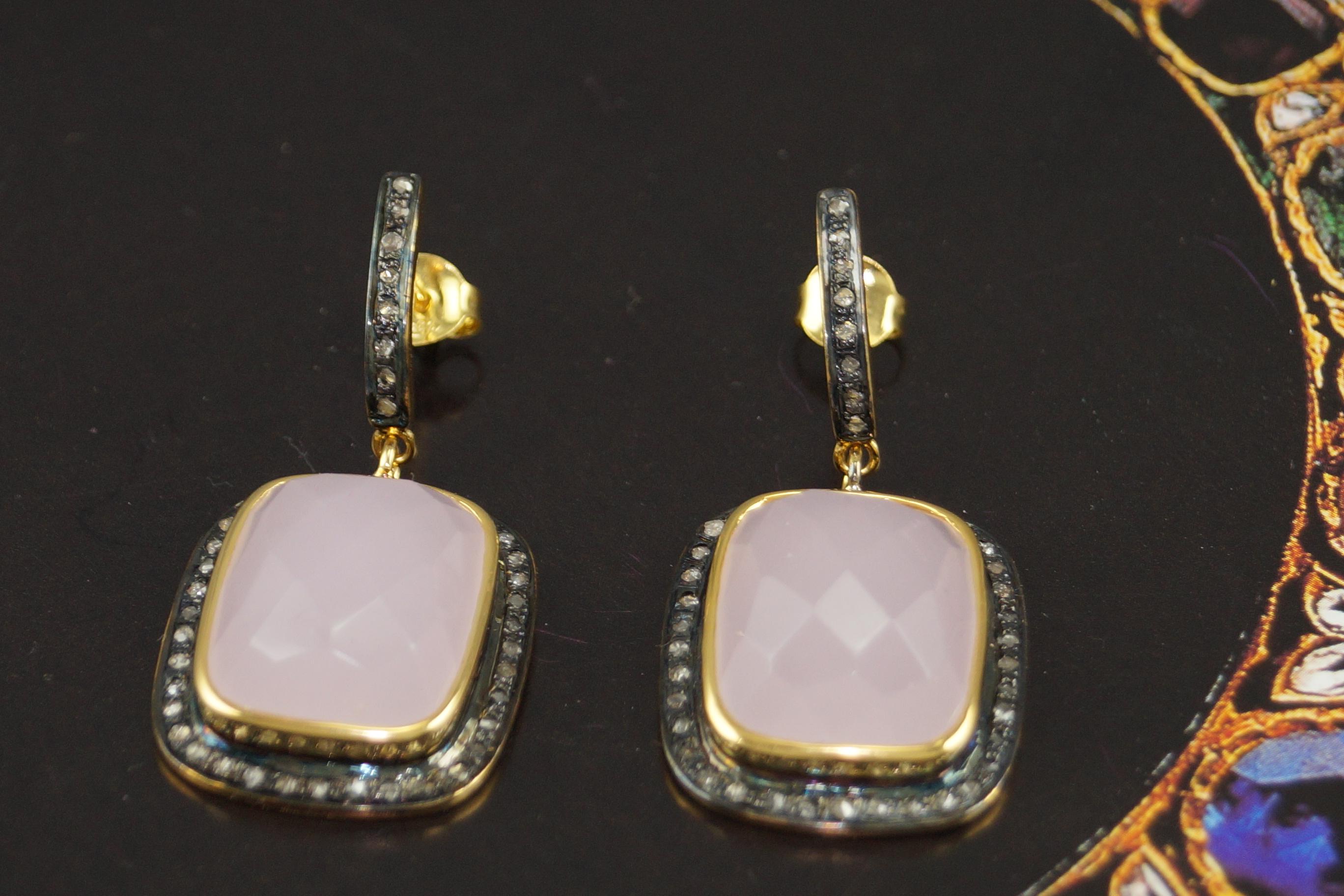 Natural pave diamonds sterling silver rose pink quartz earrings For Sale 1