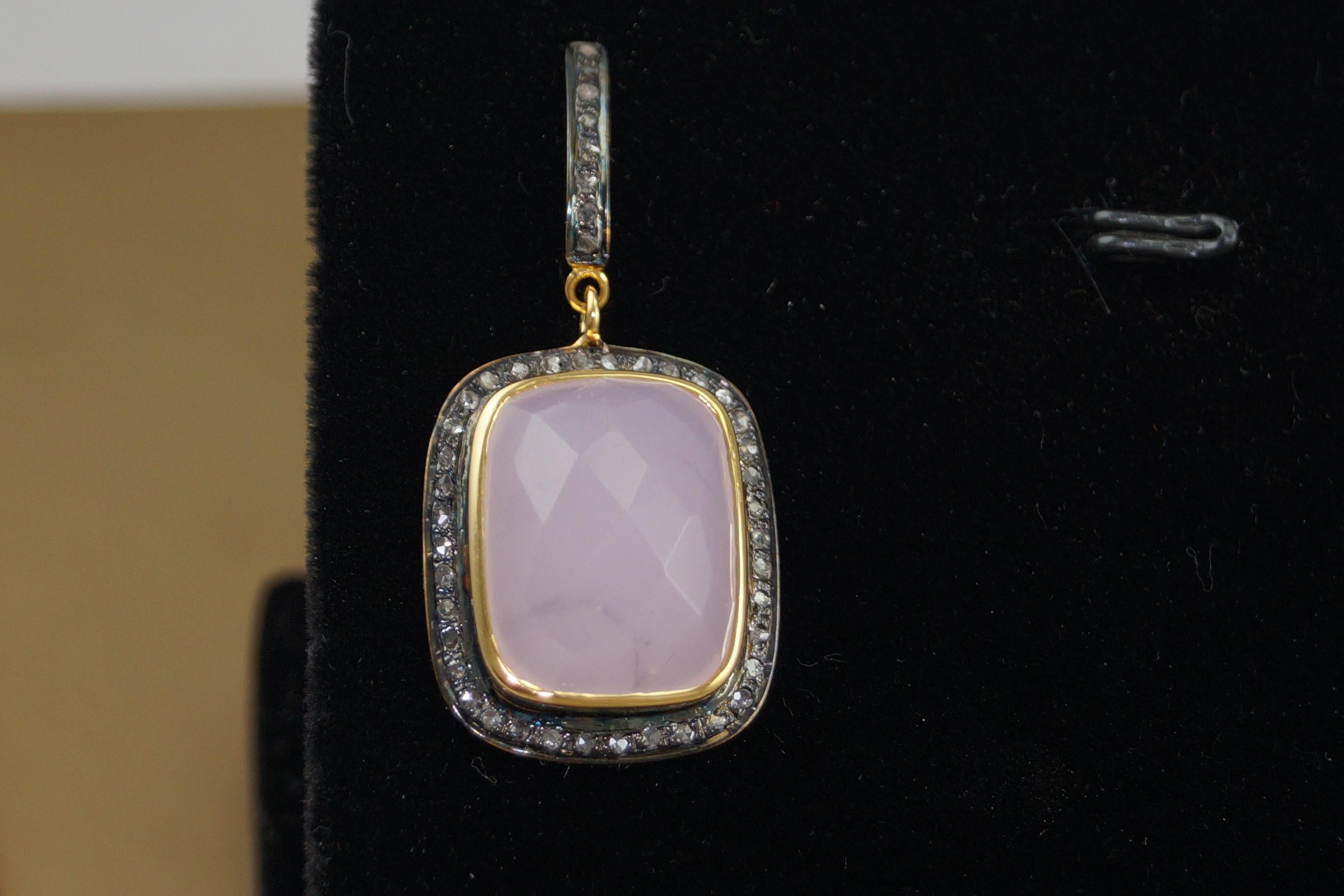Ohrringe aus Sterlingsilber mit natürlichen Pavé-Diamanten und rosa-rosa Quarz im Angebot 2