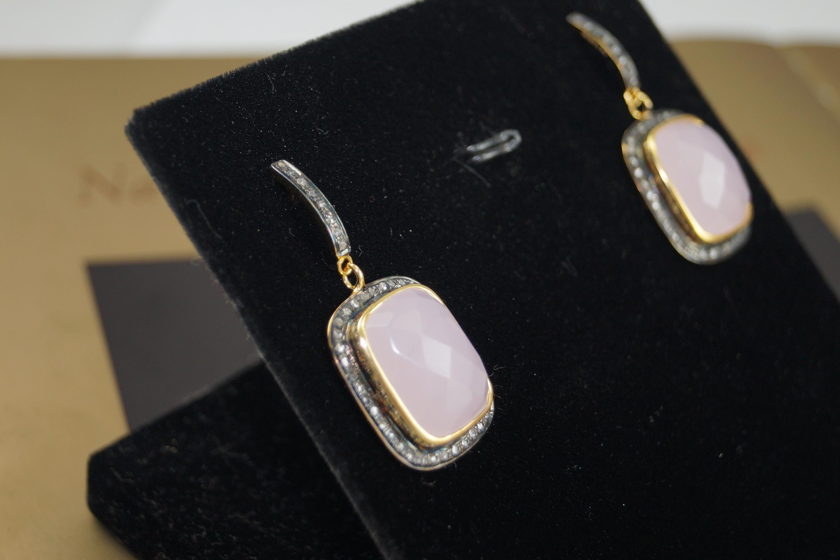 Natural pave diamonds sterling silver rose pink quartz earrings For Sale 3