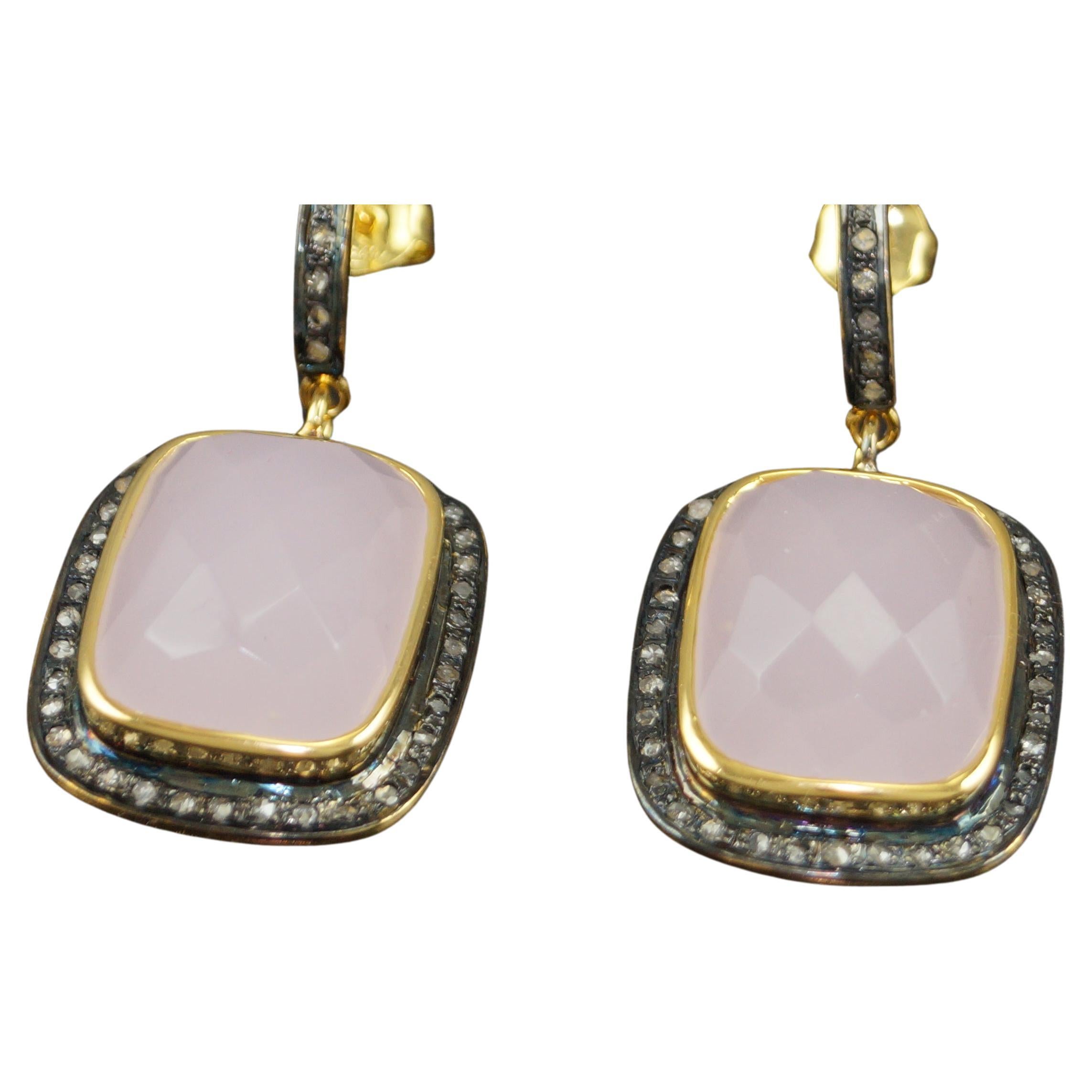 Natural pave diamonds sterling silver rose pink quartz earrings For Sale