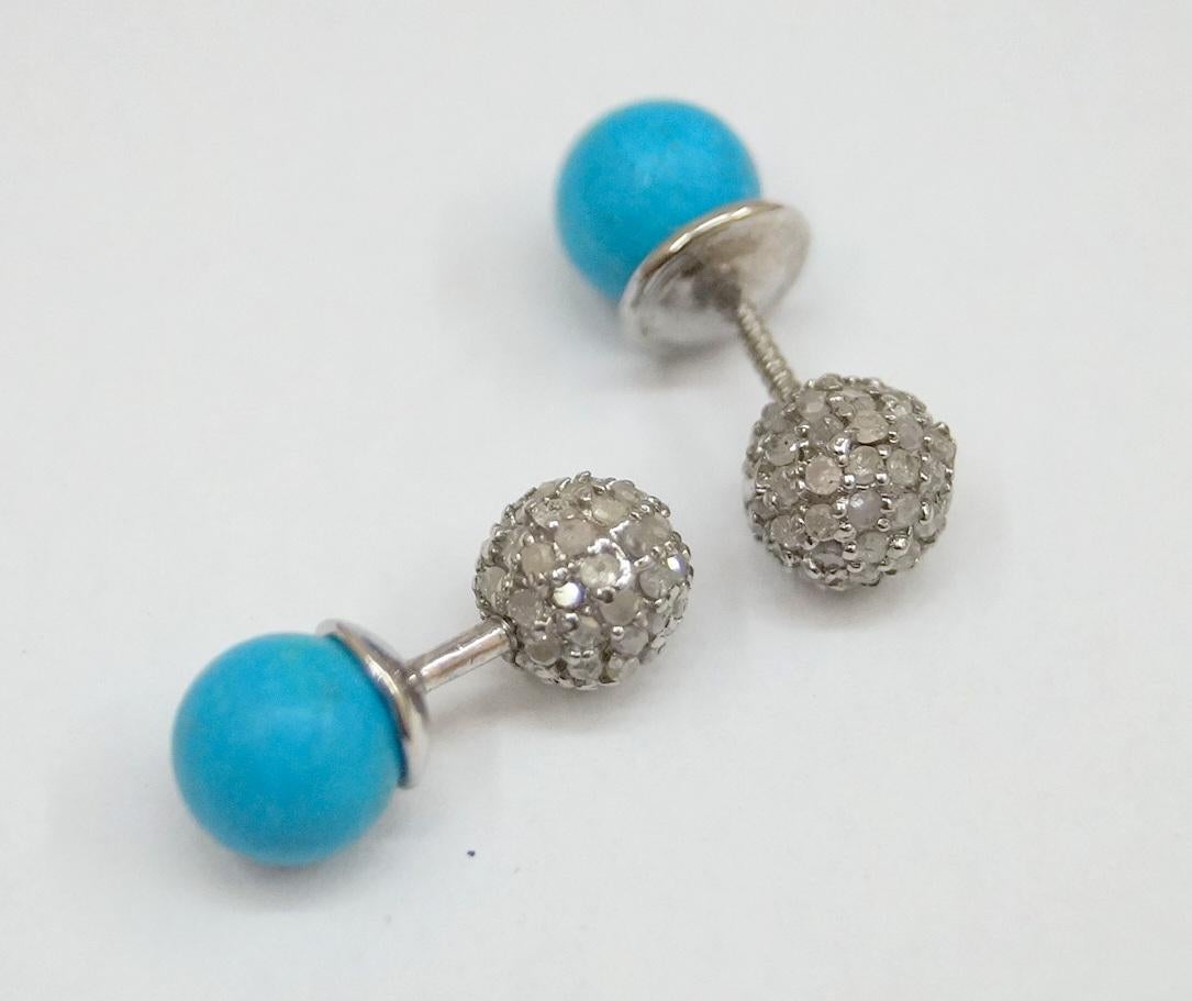 Art Déco Diamanti naturali Pave Turchese Argento Sterling Orecchini reversibili in vendita