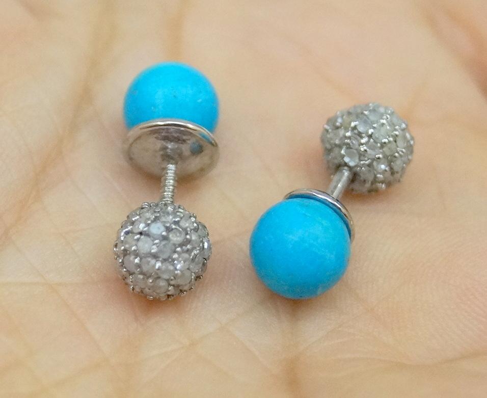 Taglio misto Diamanti naturali Pave Turchese Argento Sterling Orecchini reversibili in vendita