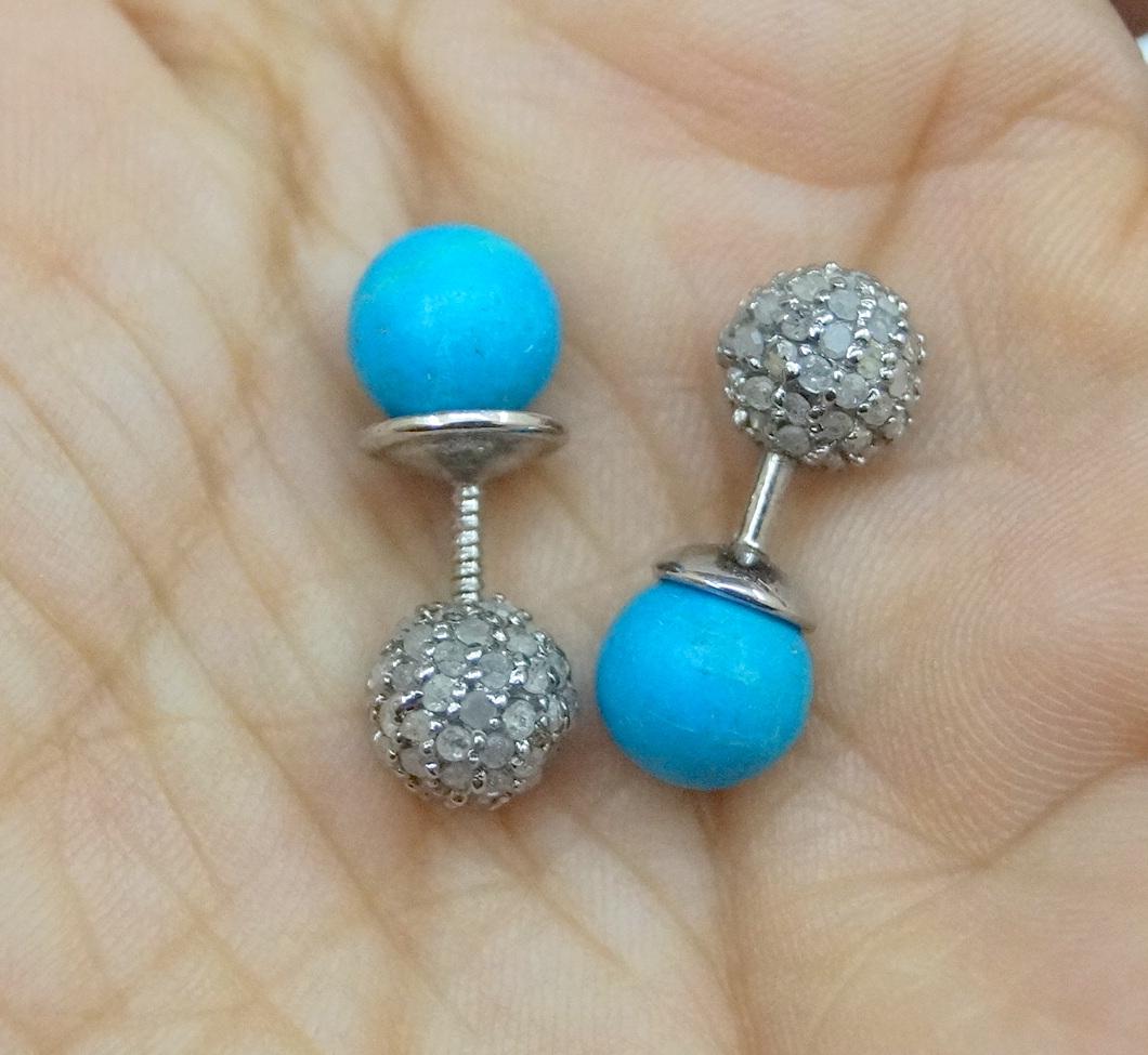 Diamanti naturali Pave Turchese Argento Sterling Orecchini reversibili In condizioni Nuovo in vendita a Delhi, DL