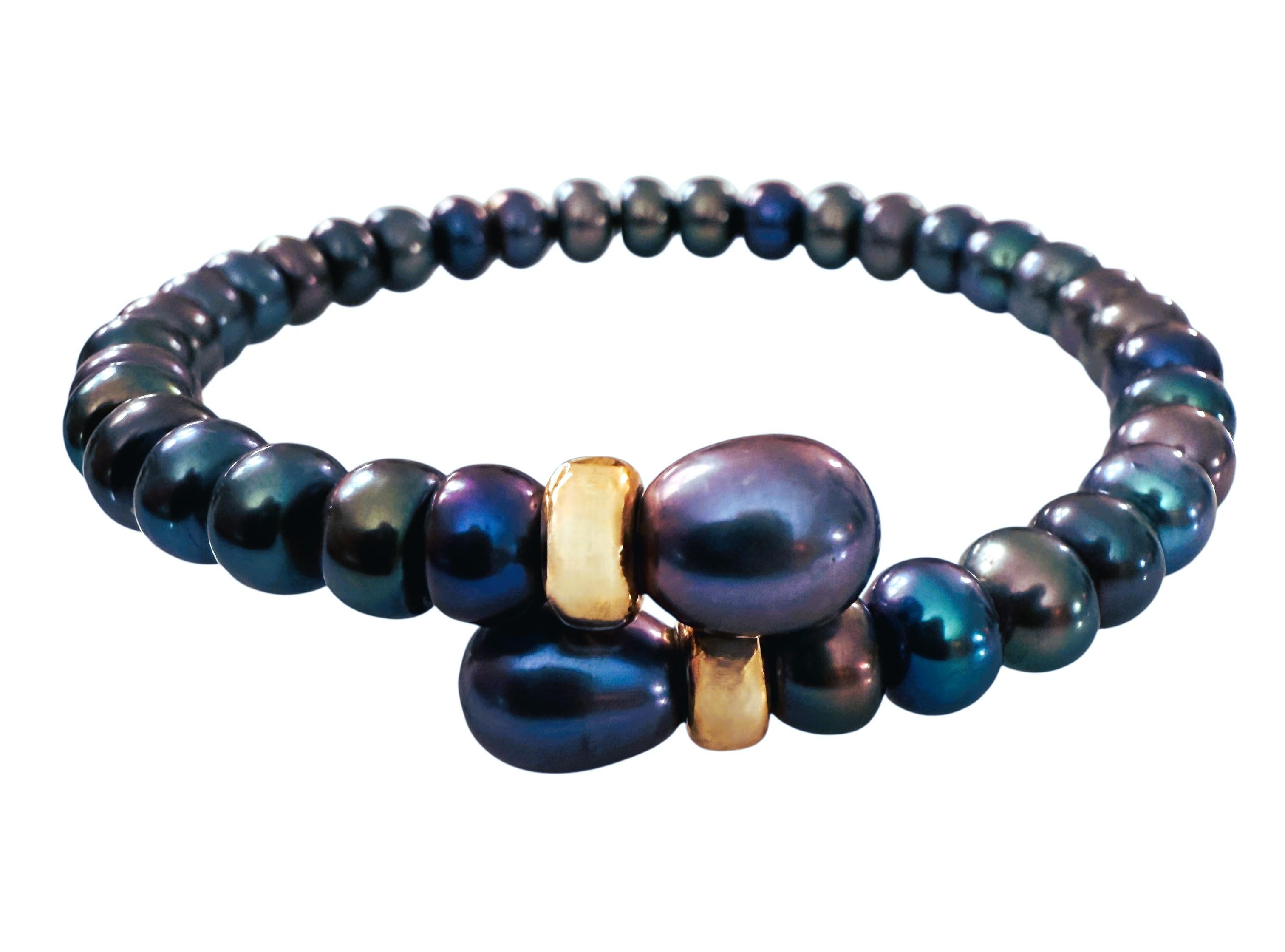 Art Deco Natural Peacock Single Strand Pearl Bypass Bracelet w 14k Yellow Gold Beads For Sale